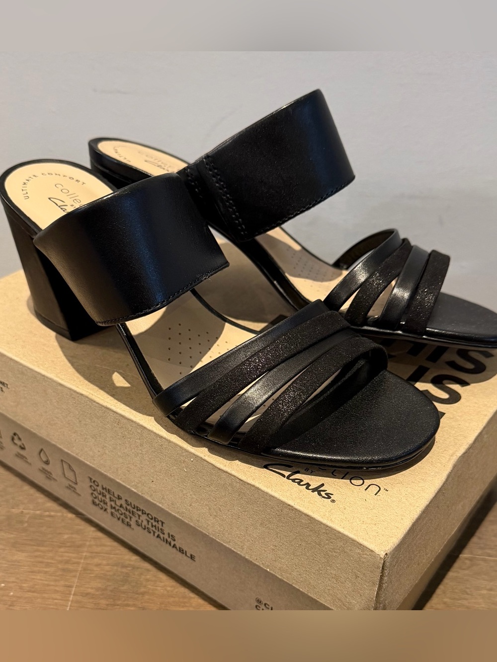 Clarks Black Multi-Strap Block Heel Sandals